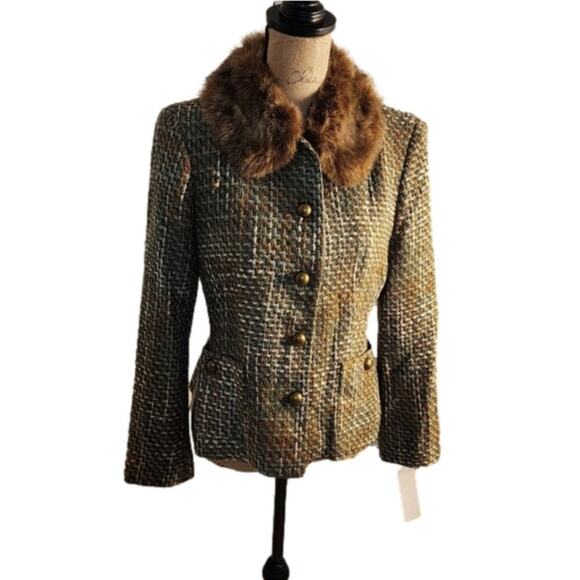 KASPER Brown and Green Tweed Faux Fur Collar Fitted Tailored Blazer Jacket 10P - Picture 2 of 14